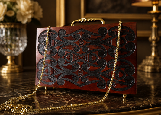 A rectangular wooden clutch bag with an ornate engraved Māori pattern over a reddish-brown wood finish, featuring a gold-tone chain strap and top handle, displayed on a dark marble table.